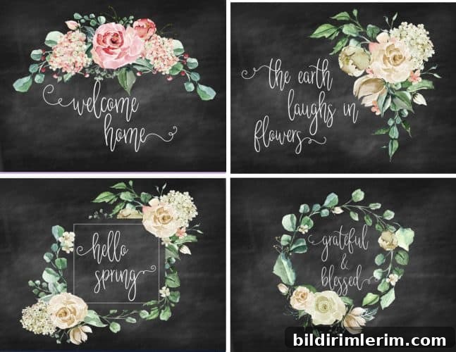 set of 4 printables with flowers with a black chalkboard background