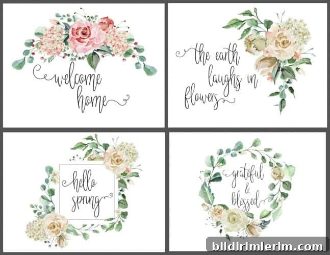 set of 4 art printables with flowers with a white background
