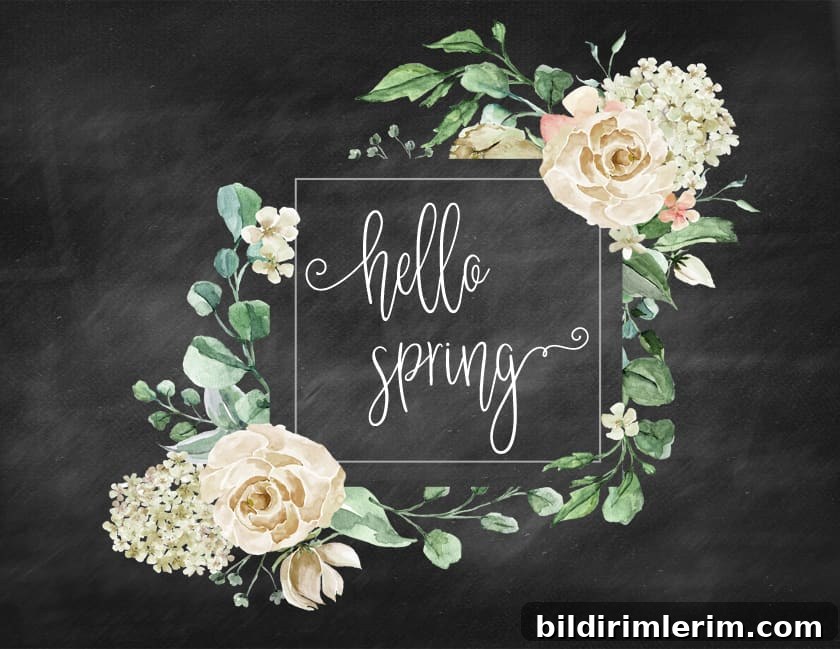 hello spring art print with flowers with a chalkboard background