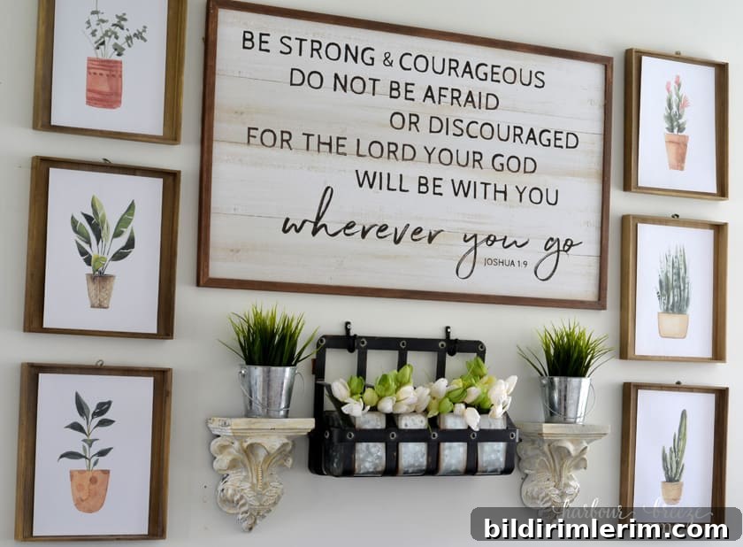 Spring wall arrangement above a couch with free printable plant art.