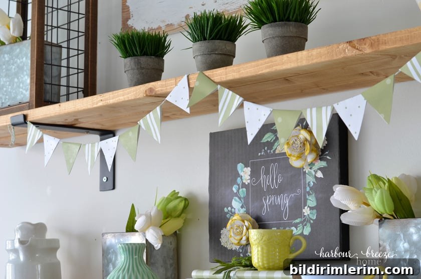 paper triangle bunting banner hanging on a farmhouse shelf