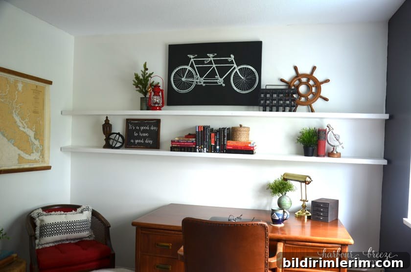 Floating shelves above desk