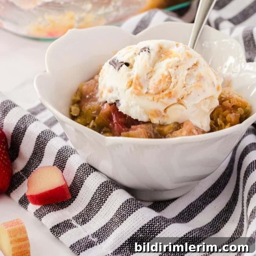 Bowl of the best rhubarb crisp with ice cream on the top