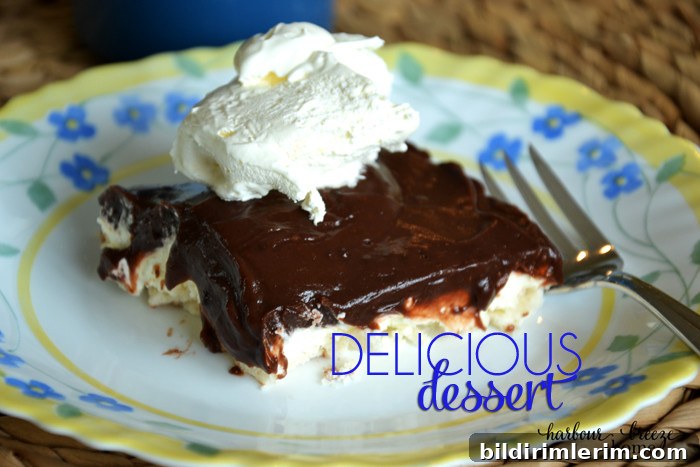 Cream cheese pudding dessert (also called Delicious Dessert) sliced on a plate.