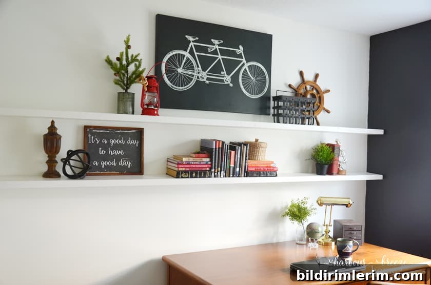 diy floating shelves in a modern farmhouse office space