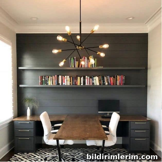 Small room with hanging floating shelves above a desk.
