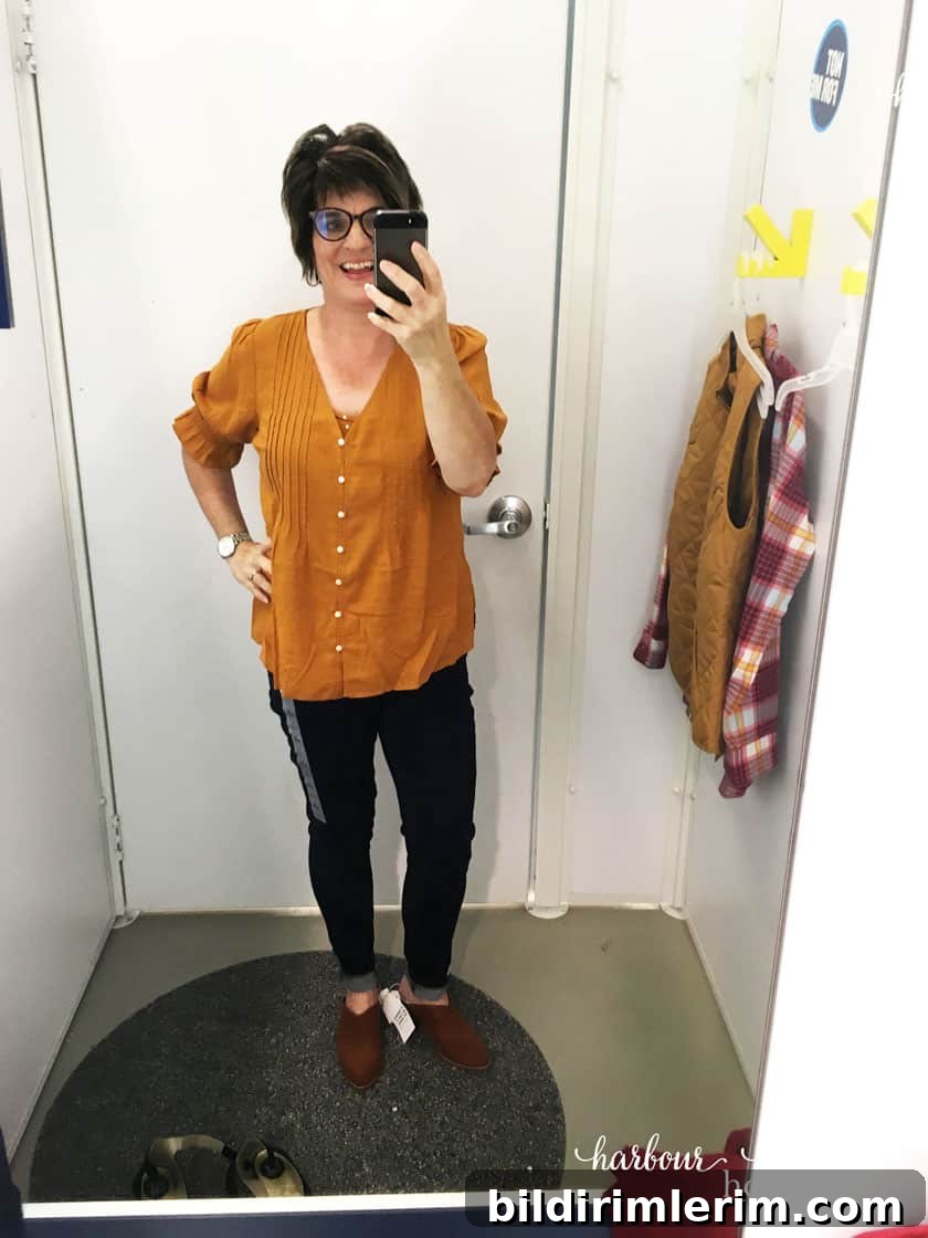 Old Navy try-on - jeans and mustard blouse