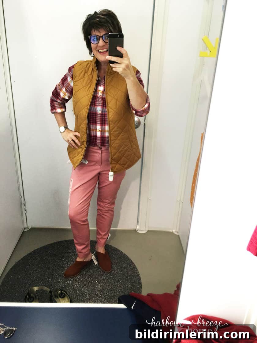 Pink pixie pants with plaid shirt and mustard vest