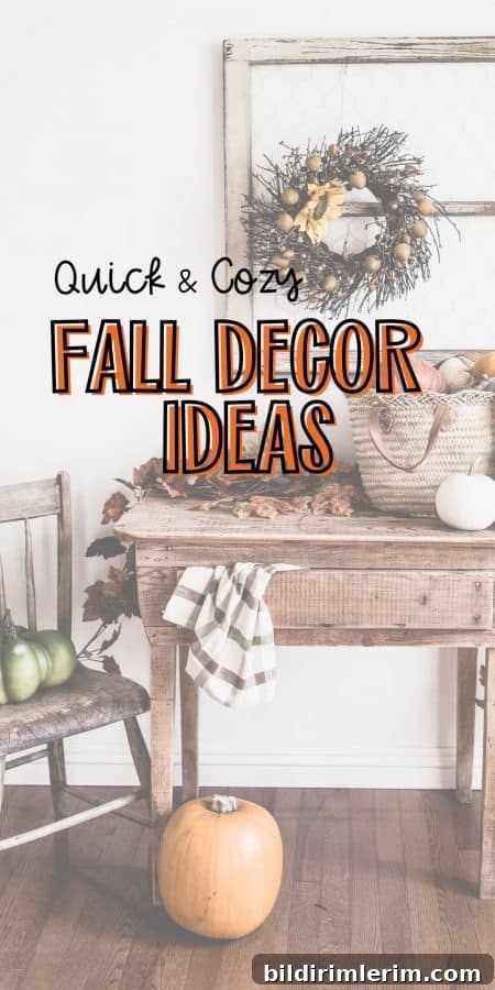 An antique table with basket of pumpkins and a wreath above it with the words "quick & cozy fall decor ideas" on it.