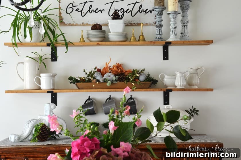 Farmhouse Shelves decorated for Fall