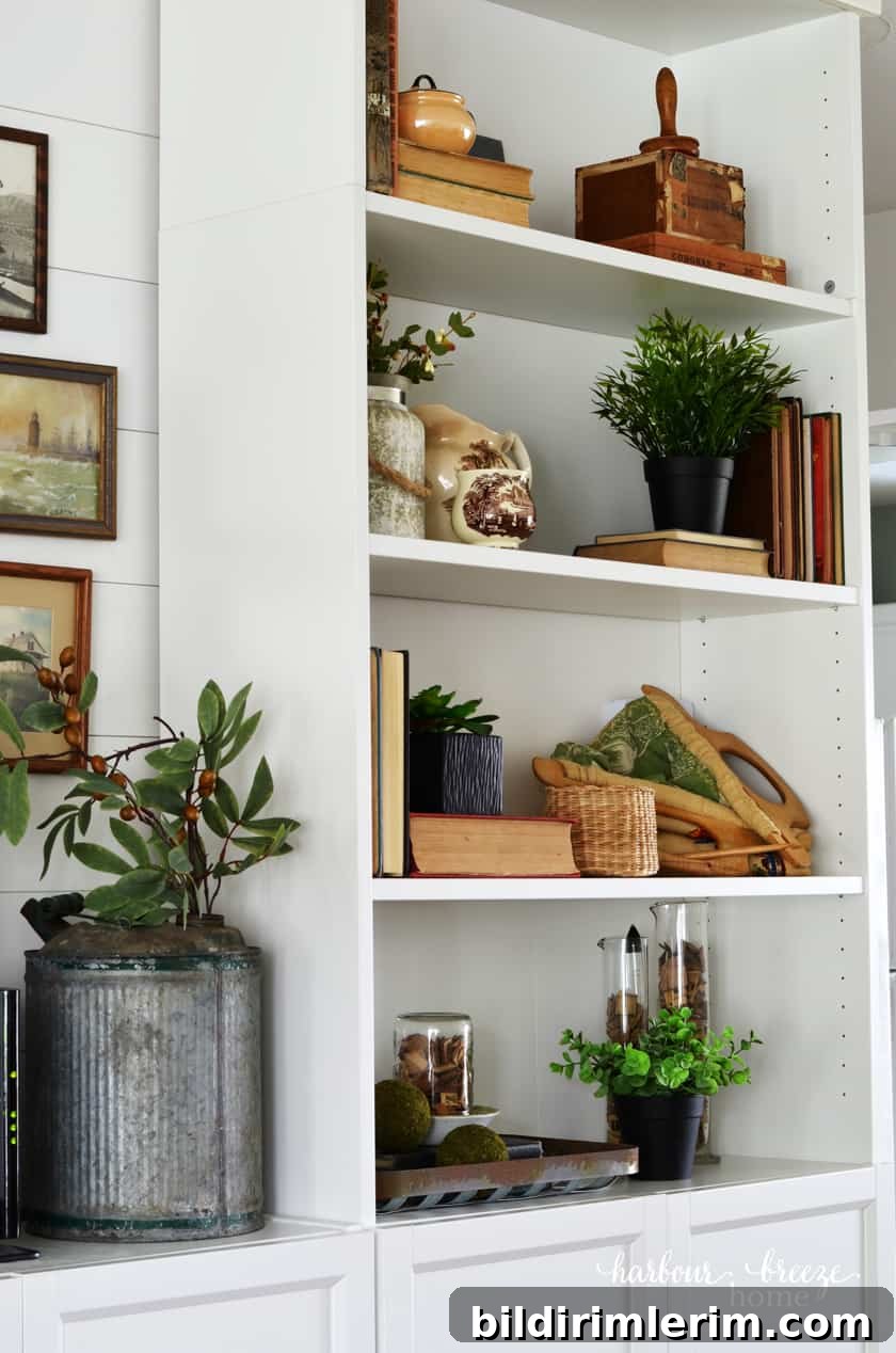 Bookcase styling with vintage decor