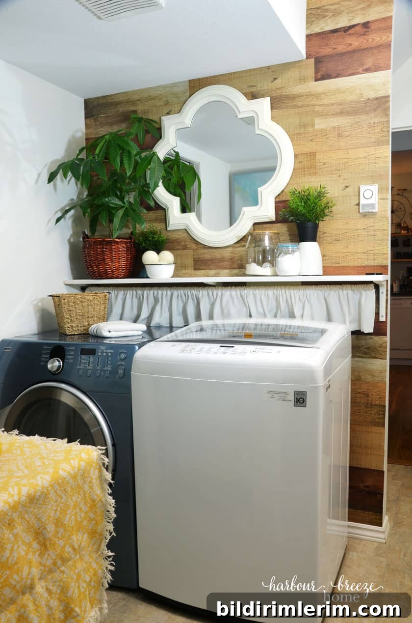 Small Laundry Room Makeover Ideas on a Tight Budget 8 Farmhouse style Laundry Room with wood wall accent