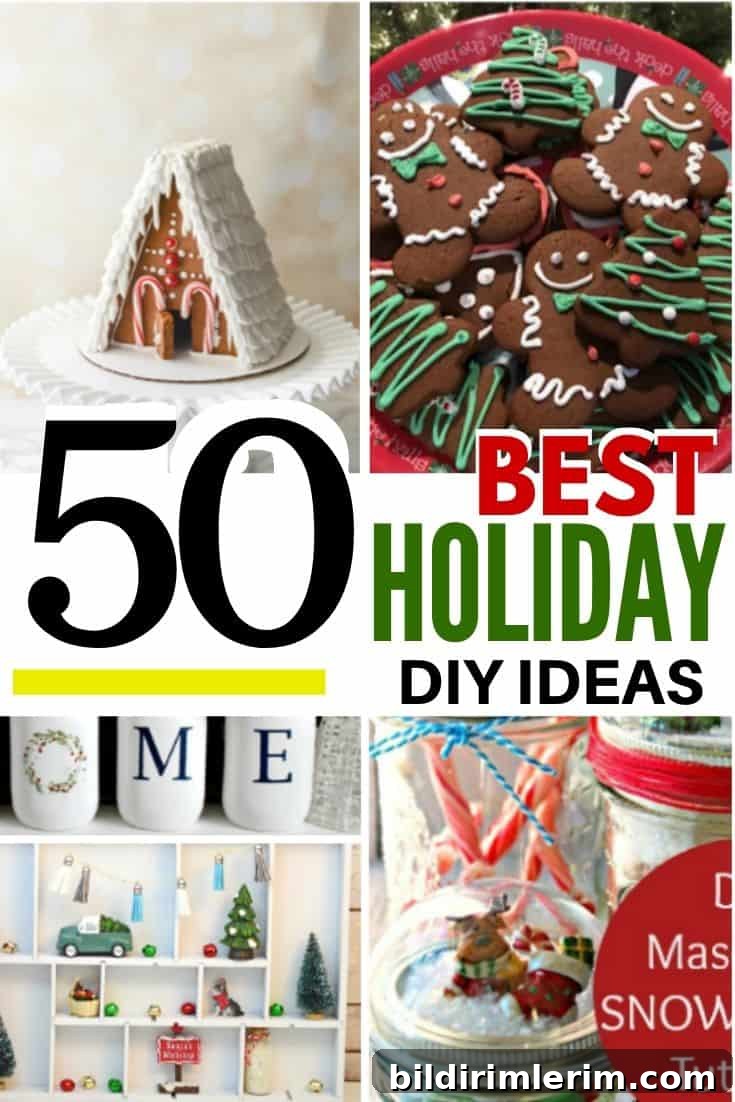 Collage of christmas cookies and handmade gifts with the caption 50 best Holiday DIY ideas