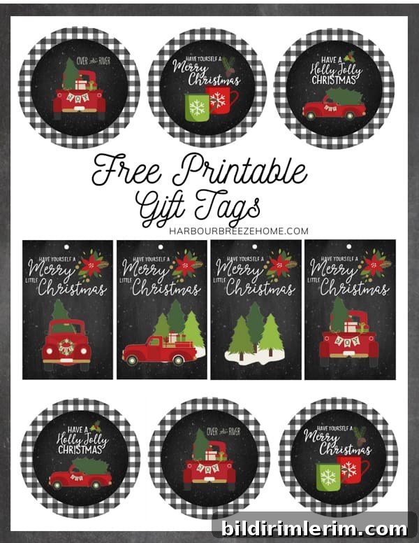 collage of printable red truck christmas gift tags