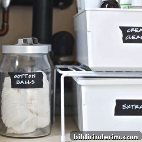Under sink organization with bins and shelves