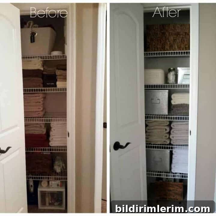 Organized hall closet used for overflow towel storage