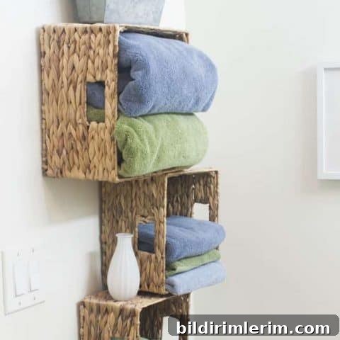 Baskets on the wall for towel storage