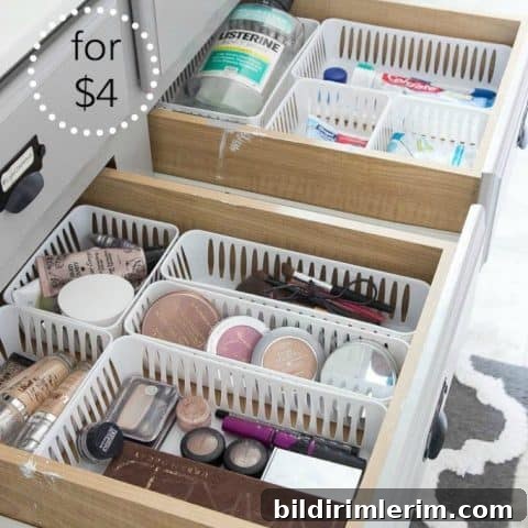Drawer dividers organizing makeup in vanity drawers