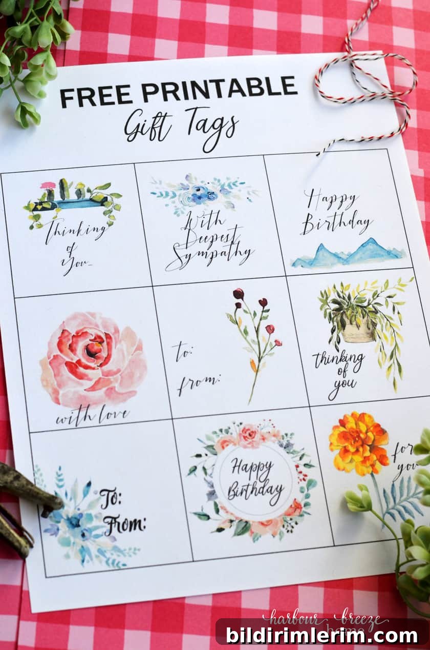 9 Free Printable Gift Tags for Sympathy and Every Occasion 3 Free printable gift tag sheet with 9 different designs, including the sentiments "With Deepest Sympathy", "Happy Birthday", "to and from", "Thinking of You", and "With Love".