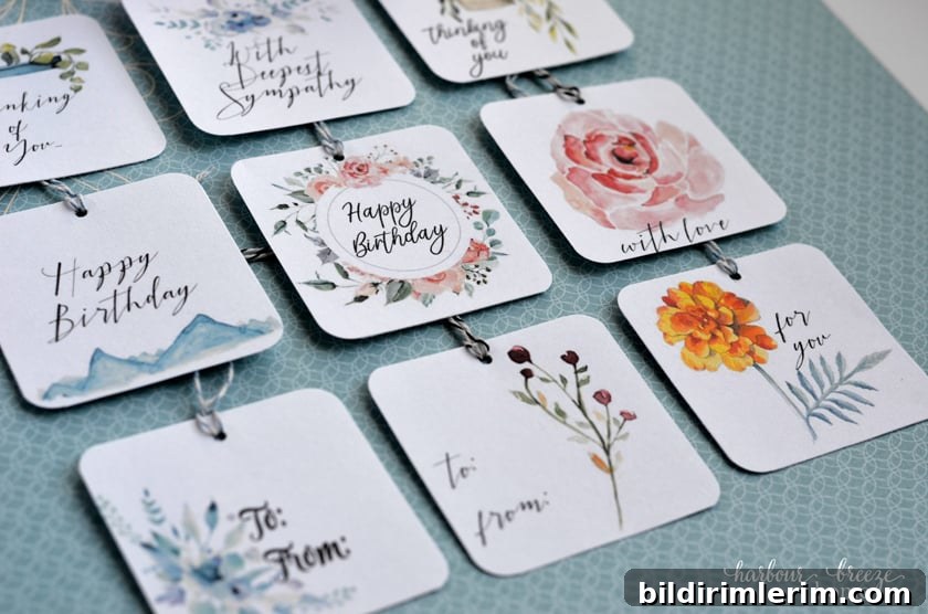 9 Free Printable Gift Tags for Sympathy and Every Occasion 7 These pretty tags include watercolor pictures of flowers, plants, and mountains.