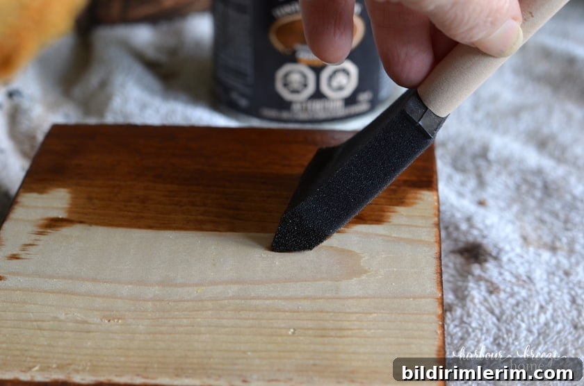Wipe stain on the wood block to seal the grain of the wood.