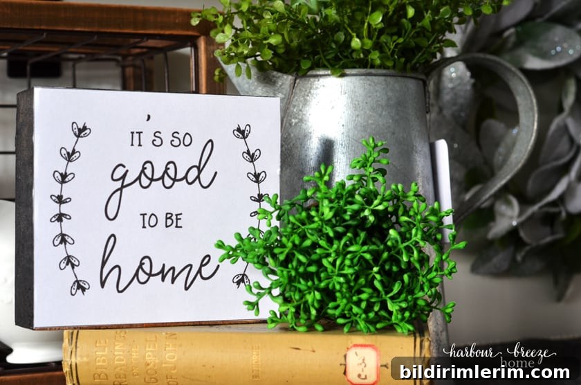 Finished DIY farmhouse sign made with free printables and a 2 x 6 wood block.