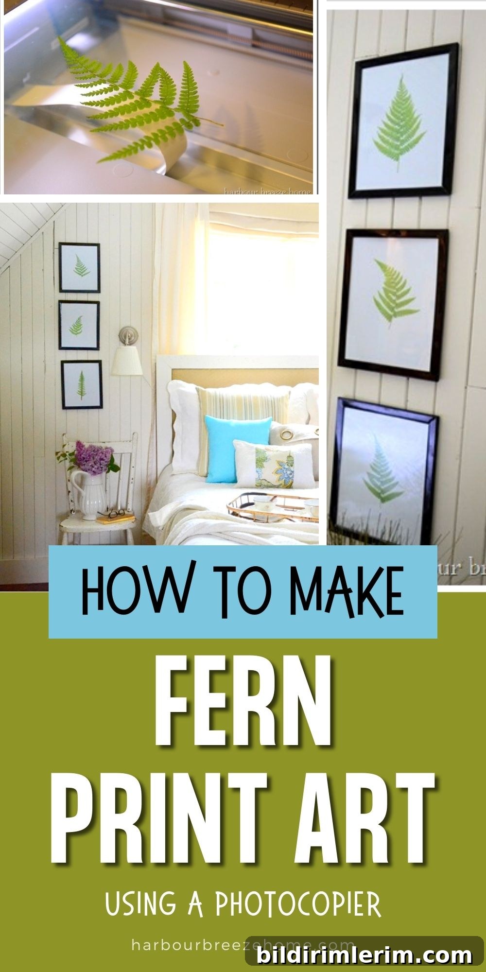 A collage of images of fern leaf print art being made and hung on the wall