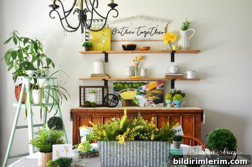 Yellow accents on farmhouse shelves