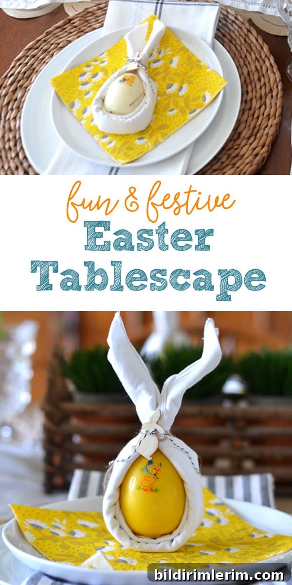 A bright and cheerful easter tablescape featuring bunny ear napins around a vintage egg candle.