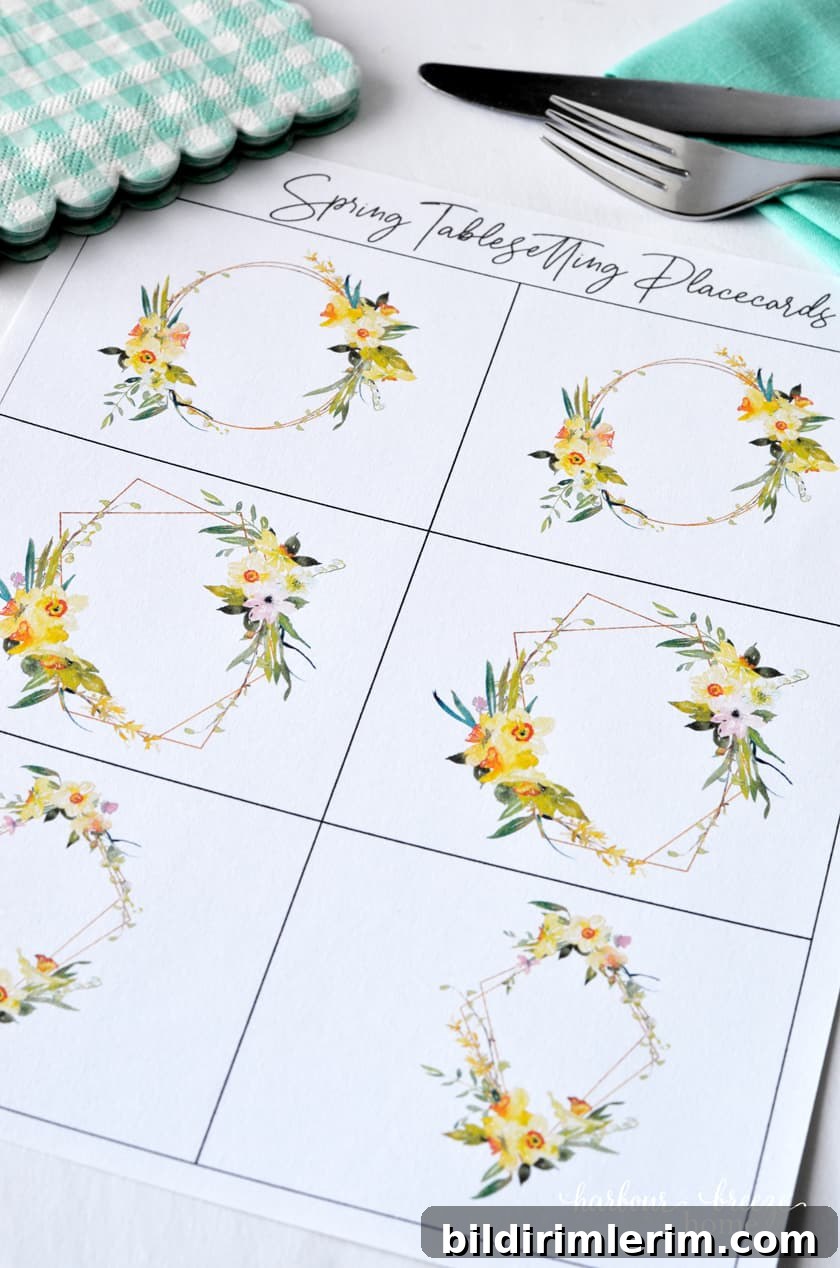 Easter tablescape printable placecards featuring yellow watercolor flowers