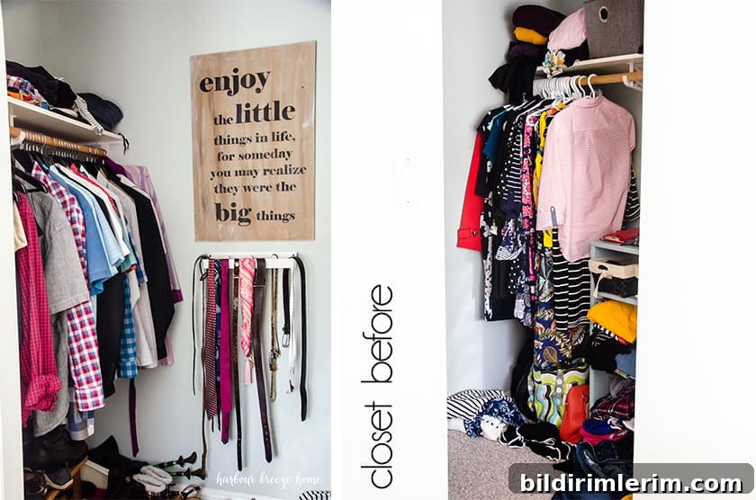 Small Closet with clothes very disorganized on both sides.