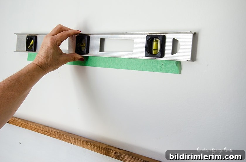 Hang a Picture on Drywall with Two Hooks: Step-by-Step Guide 6 A person holding a level at the top of a piece of painter's tape with markings for hanging a picture with two sawtooth hangers.