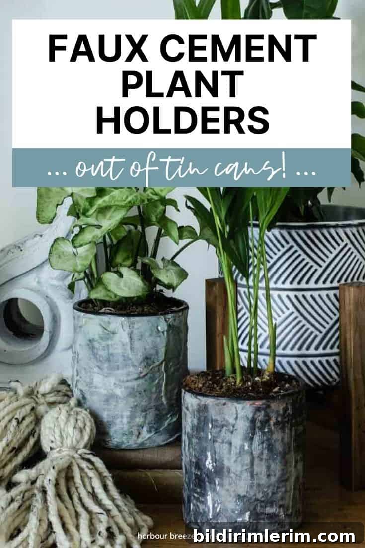 DIY flower pots that look cement with the title 'faux cement plant holders' on it.