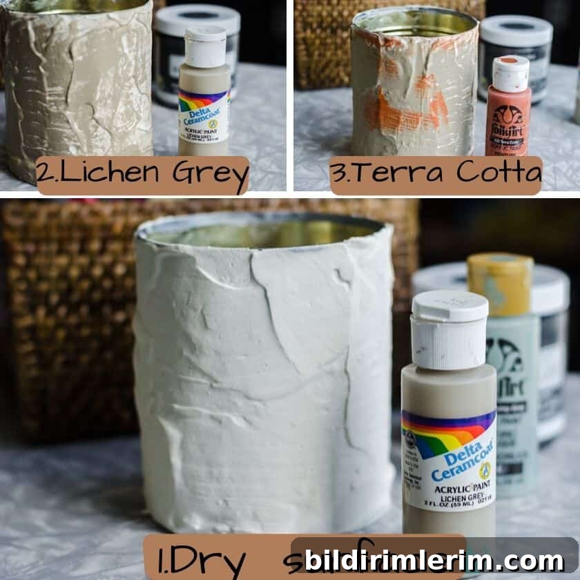 Steps for making a DIY flower pot out of a tin can and creating a cement look by layering acrylic paint colors.