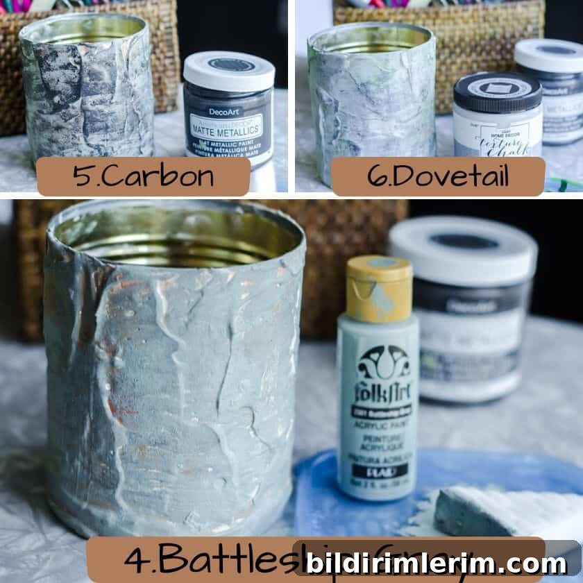 Acrylic paint colors to make a tin can look like cement.