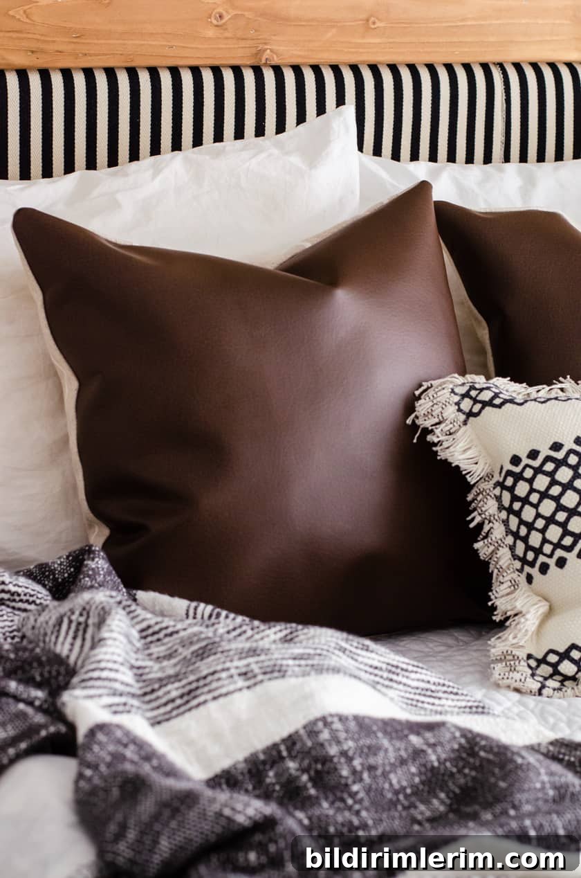 A faux leather pillow cover with a pillow insert displayed on a bed.