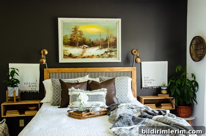 Boho Master Bedroom Makeover: Before and After Reveal 8 Boho style bedroom with the bed up against a black bedroom wall. A large vintage landscape art scene is centered above the headboard. Leather throw pillows are on the bed along with soft, woven, and cozy linens. Floating wooden nightstands flank the bed with plants and books as decor.