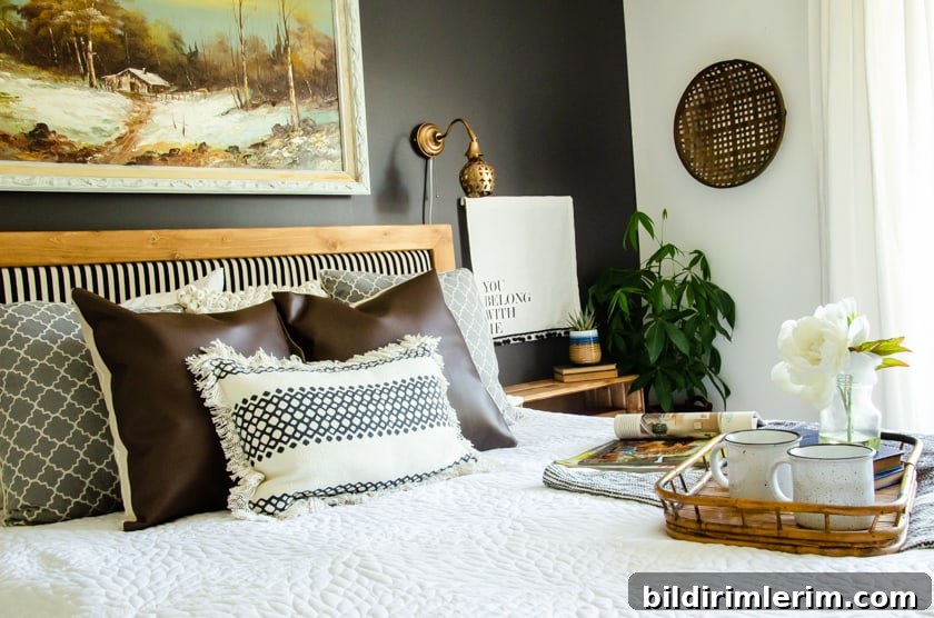 Boho Master Bedroom Makeover: Before and After Reveal 9 The bed in a boho style bedroom with a tray with flowers and coffee cups on it.