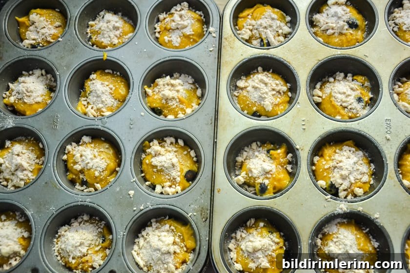 Pumpkin muffins batter in muffin tins with streusal topping on the top.