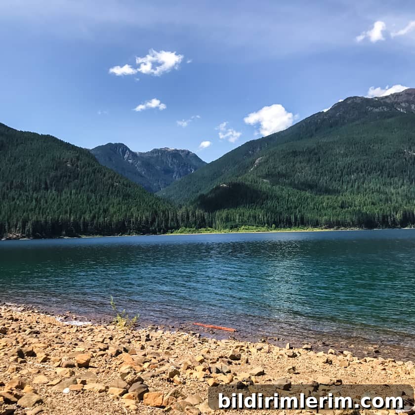 The clear blue-green water of Buttle Lake framed by a mountain range.