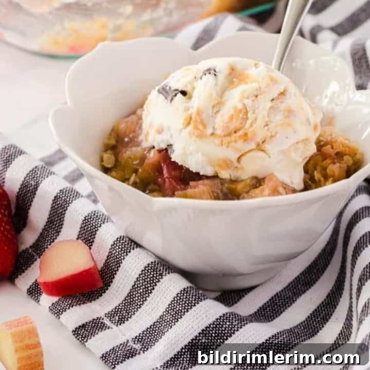 Bowl of the best rhubarb crisp with ice cream on the top