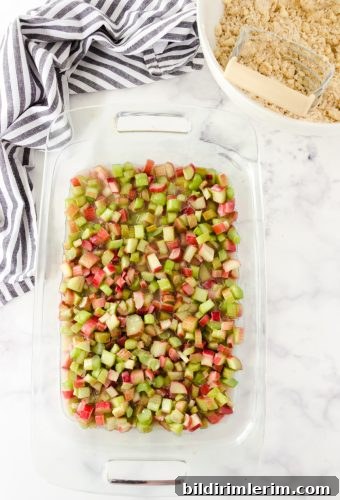 Homemade Rhubarb Crisp Recipe with Buttery Oat Topping 4 Diced rhubarb in pan after it has been stirred with sugar