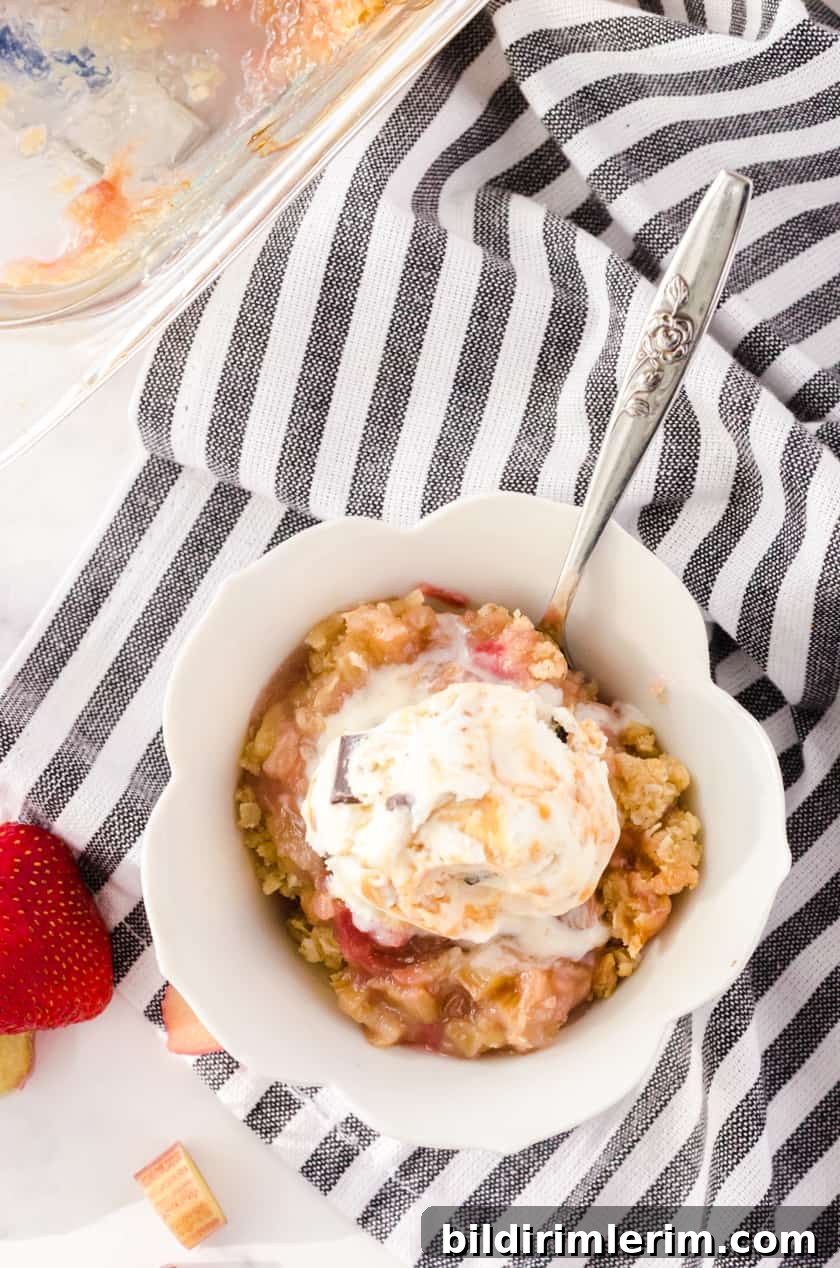 Homemade Rhubarb Crisp Recipe with Buttery Oat Topping 8 Bowl of rhubarb crisp with a scoop of vanilla ice cream on it.