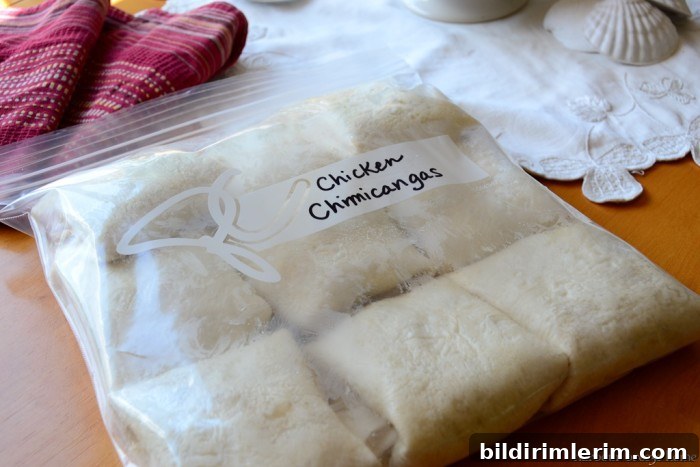 Crispy Baked Chicken Chimichangas 4 chicken chimicangas in a ziploc freezer bag ready to be frozen to use later.
