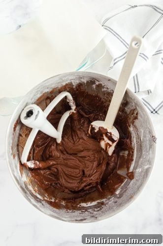 Chocolate brownie batter mixed in an electric mixer bowl.