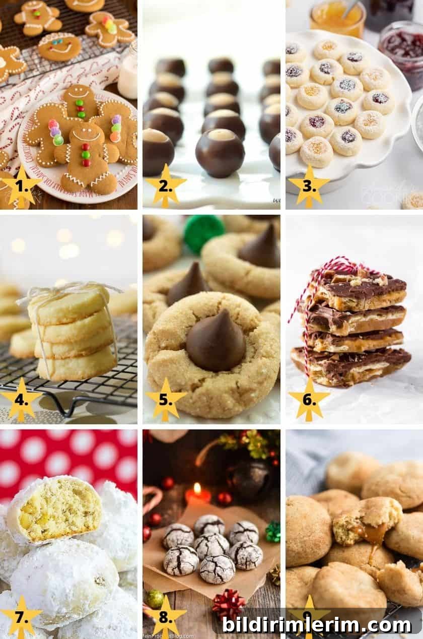 Pictures of the 9 top classic Christmas cookies - gingerbread cookies, buckeyes, thumbprint jam cookies, shortbread, peanut butter blossoms, Christmas crack, snowballs, chocolate crinkles, & snickerdoodles.