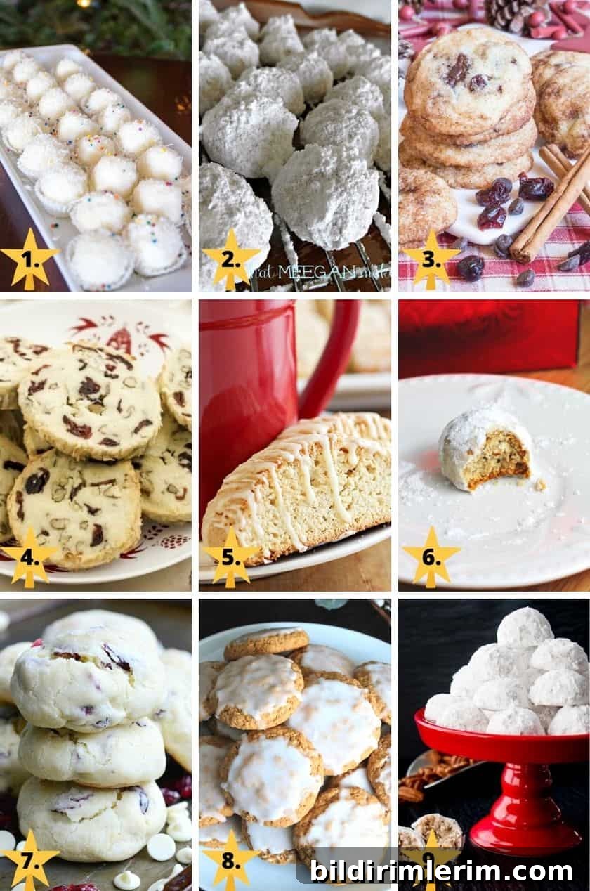 White Christmas cookies like snowball cookies and white chocolate cranberry cookies.