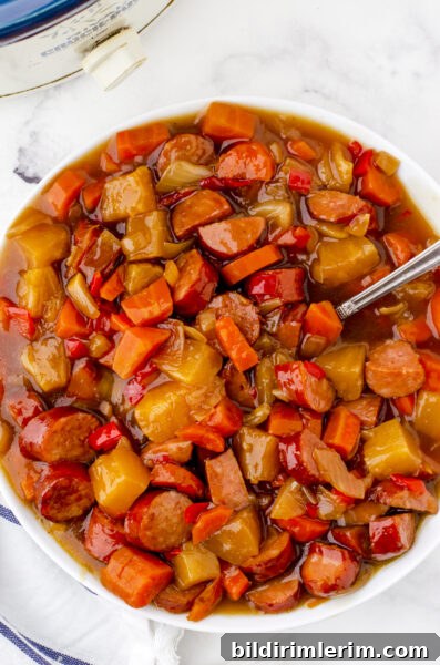 Sweet and Sour Sausage & Peppers in a serving bowl