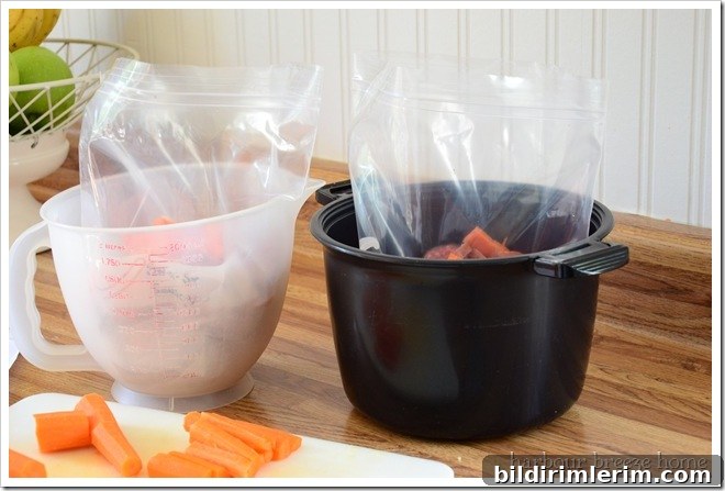 sweet and sour crock pot sausage and peppers being packaged in ziploc bags