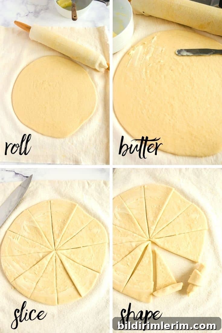 Bread Machine Crescent Rolls: Pillowy Homemade Recipe 3 Collage of the steps of how to make crescent shaped dinner rolls using bread machine dough. Steps 2-4 - roll, butter, slice, and shape.